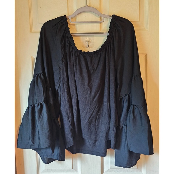 Anthropologie Black Boho Peasant Top M Bell Sleeve Cotton Modal Blouse - Picture 3 of 11
